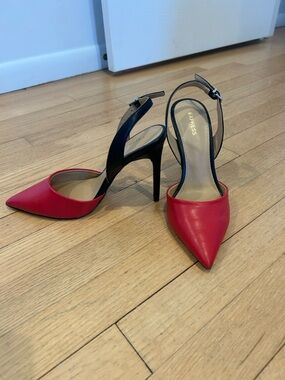 Express Red Pointed-Toe Slingback Heels with Black Straps